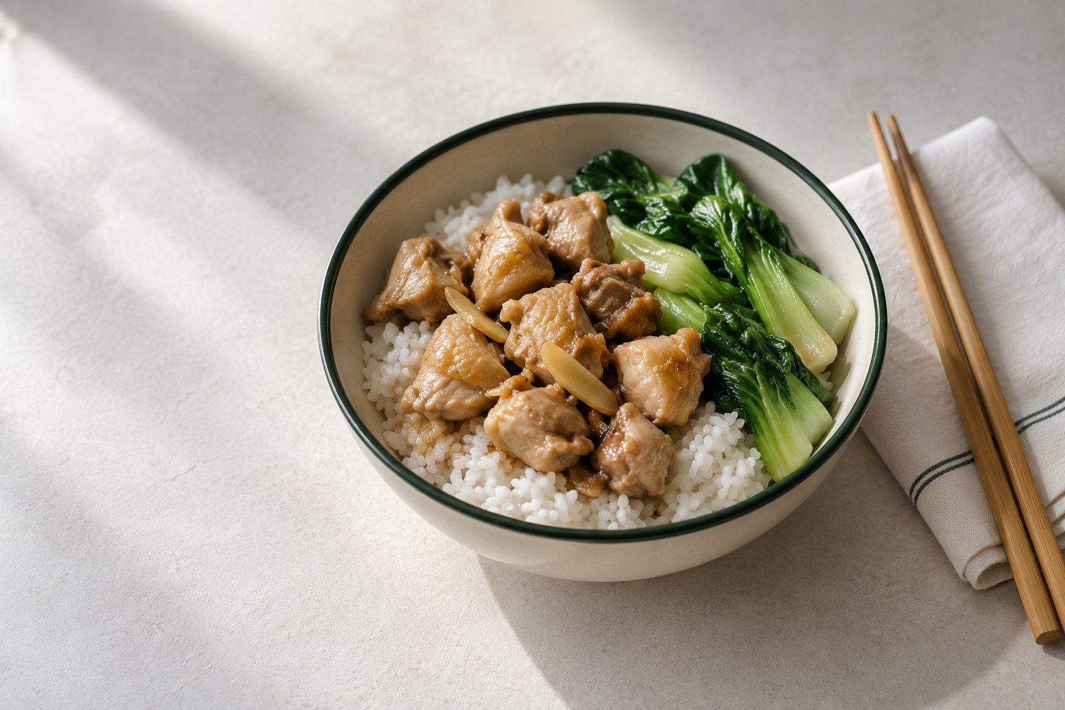 米饭、鸡肉与青菜搭配的中式餐食示意图